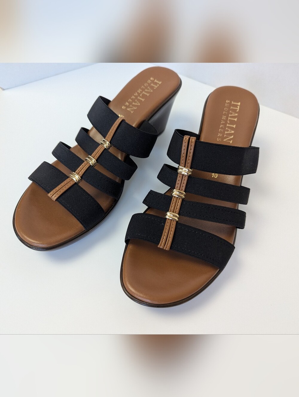 Italian Shoemakers Clover Black Elastic Wedge Sandals Size 10 - Picture 2 of 9